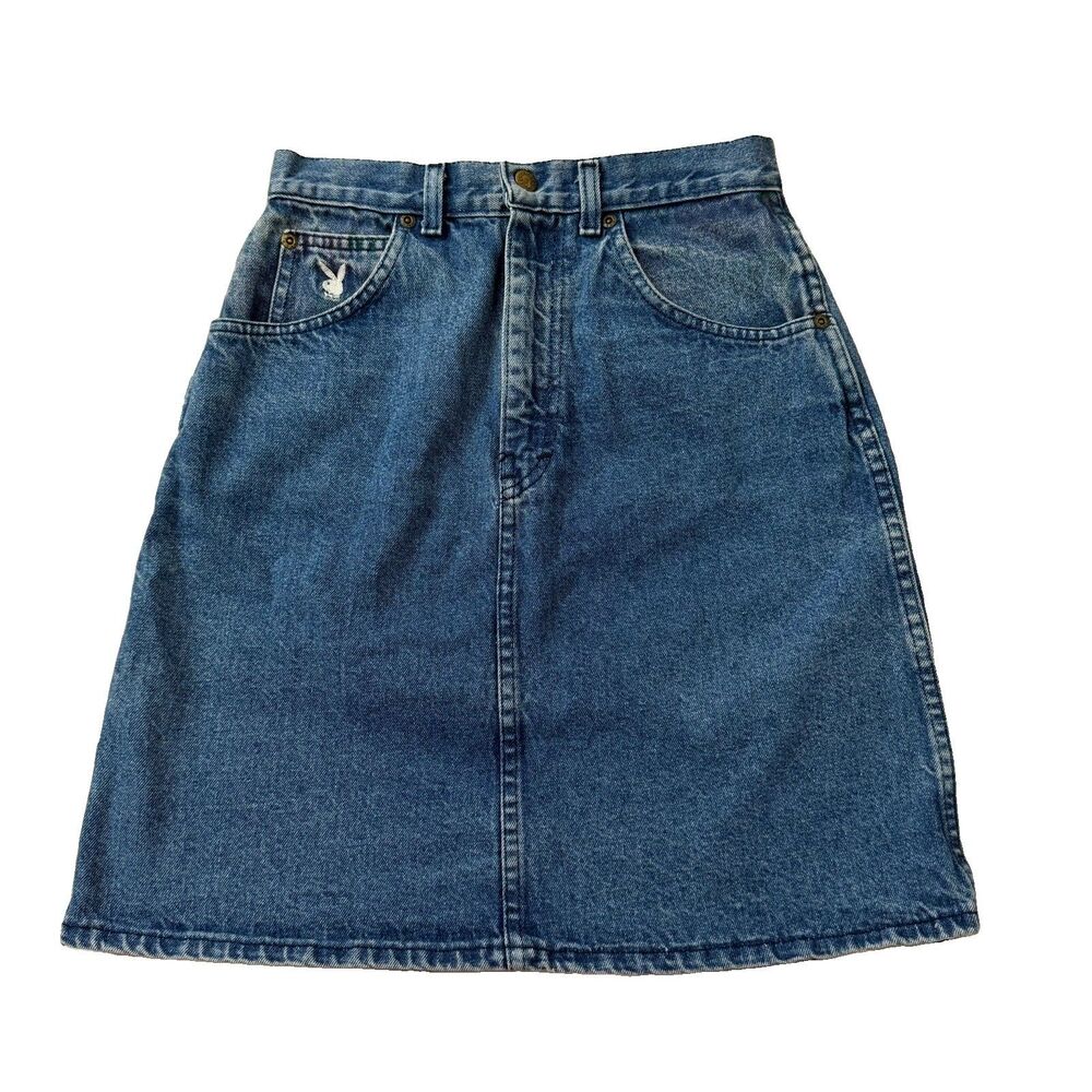 Vintage Playboy Denim Skirt Womens Small Blue Playmate BunnyHigh Rise 90s Y2K